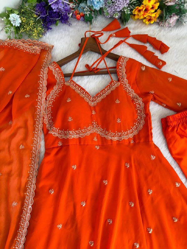 Zari Work Fox Georgette Embroidered Sabiya Chachi Style Gown Set