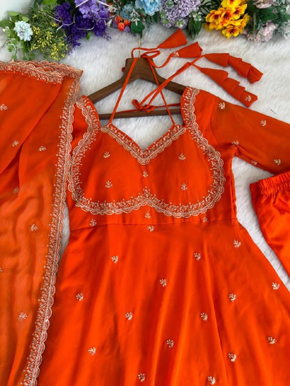 Zari Work Fox Georgette Embroidered Sabiya Chachi Style Gown Set