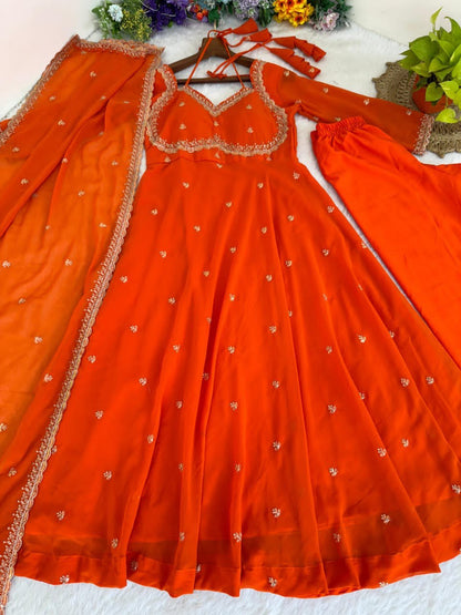 Zari Work Fox Georgette Embroidered Sabiya Chachi Style Gown Set