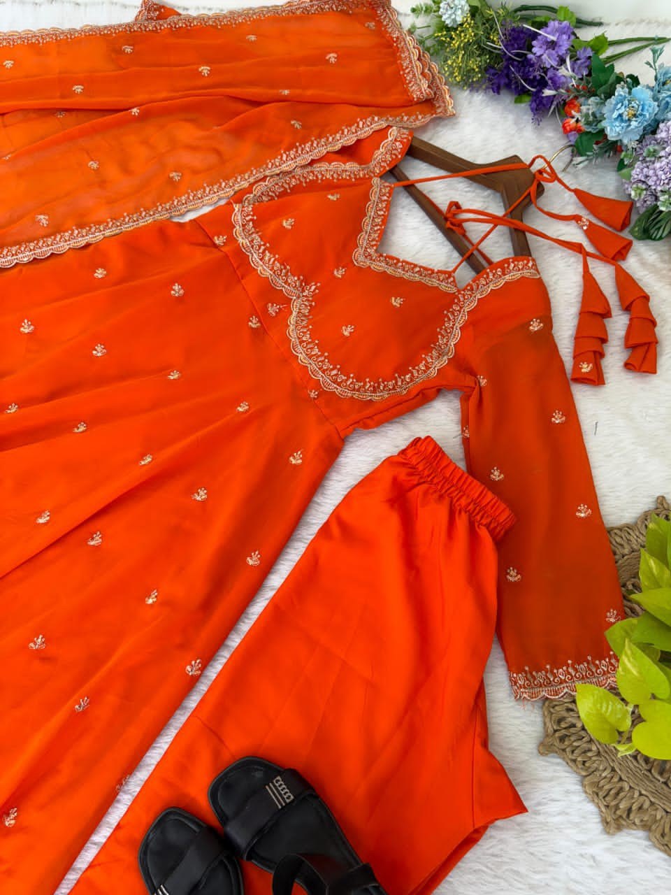 Zari Work Fox Georgette Embroidered Sabiya Chachi Style Gown Set