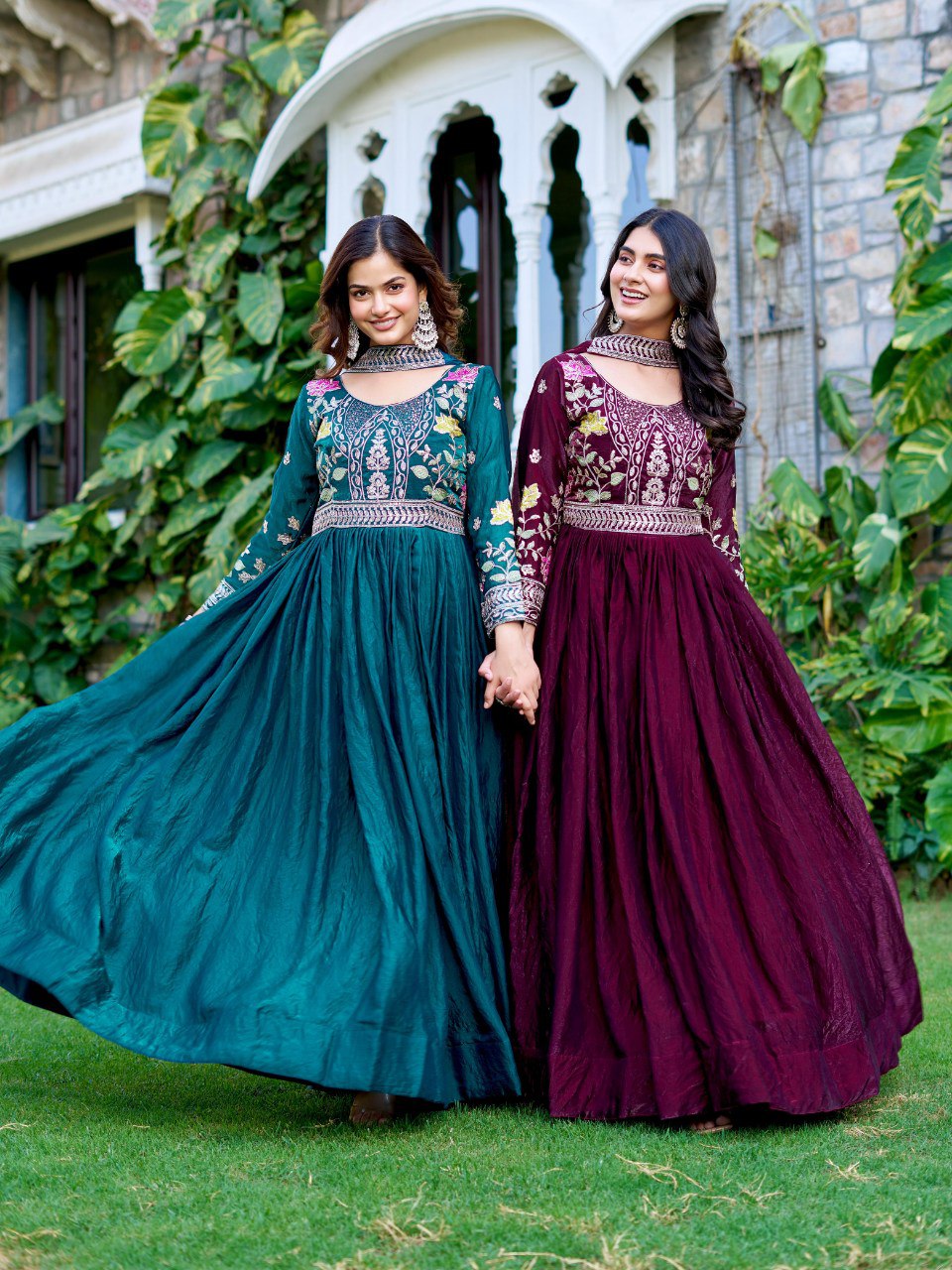 Wedding Special Fendy Silk Embroidered Long Gown Dupatta Set