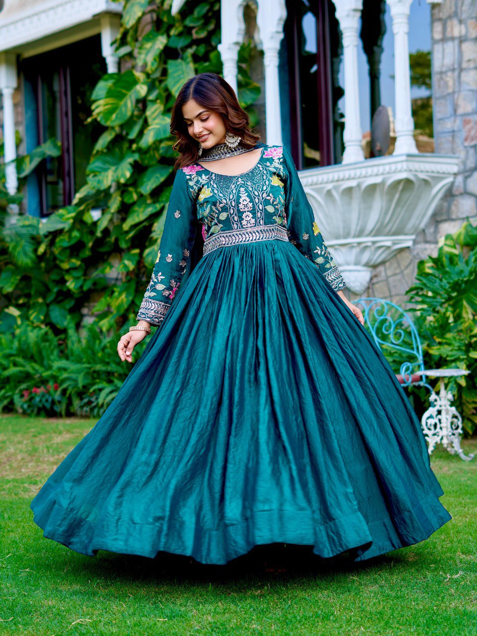 Wedding Special Fendy Silk Embroidered Long Gown Dupatta Set