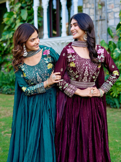 Wedding Special Fendy Silk Embroidered Long Gown Dupatta Set