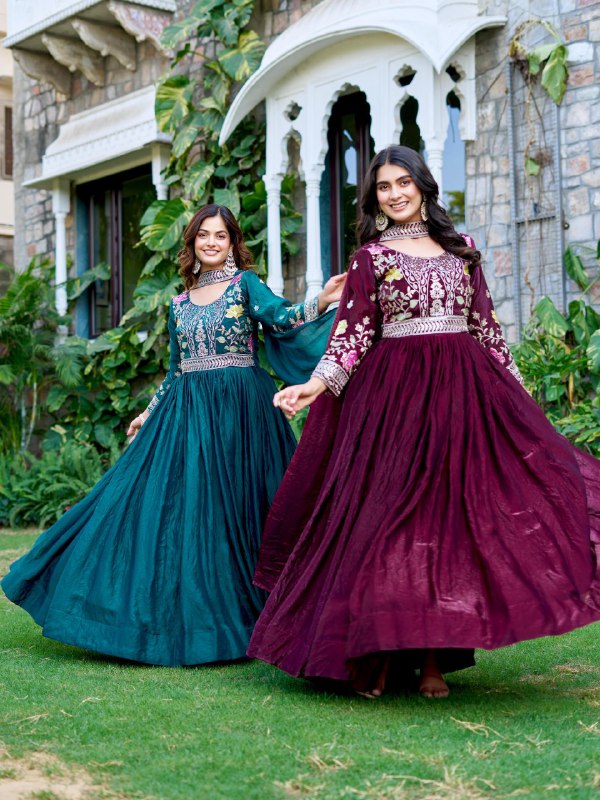 Wedding Special Fendy Silk Embroidered Long Gown Dupatta Set