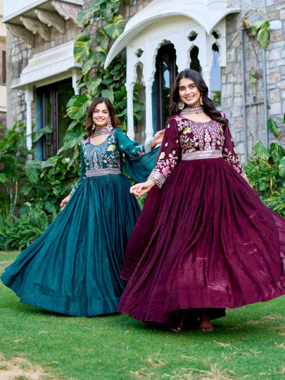 Wedding Special Fendy Silk Embroidered Long Gown Dupatta Set
