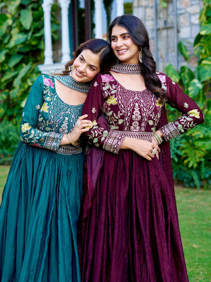 Wedding Special Fendy Silk Embroidered Long Gown Dupatta Set