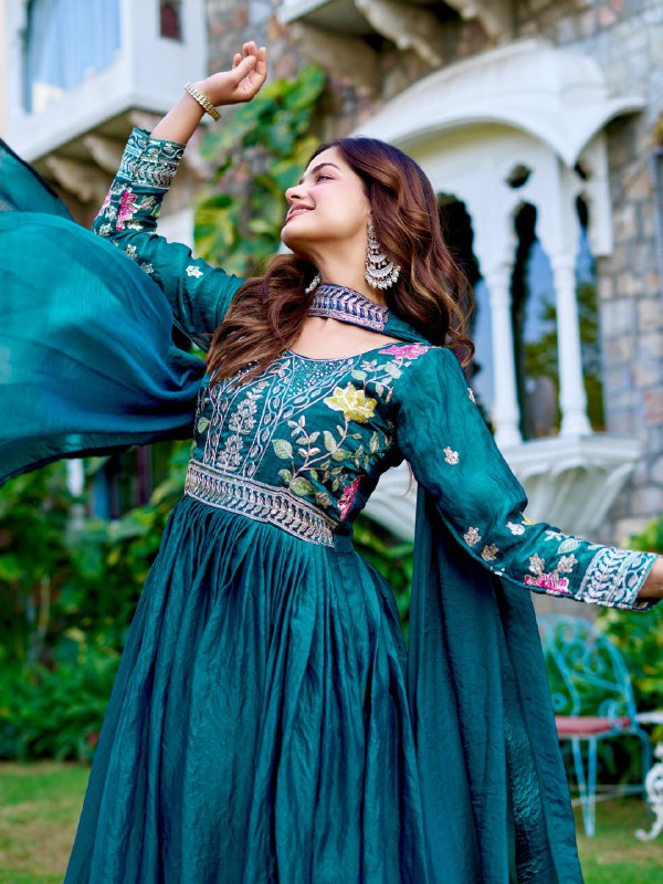 Wedding Special Fendy Silk Embroidered Long Gown Dupatta Set