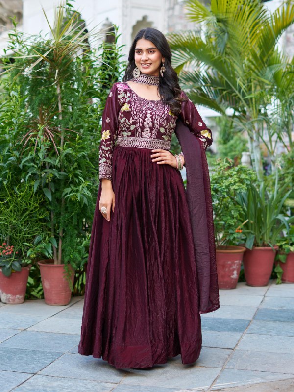 Wedding Special Fendy Silk Embroidered Long Gown Dupatta Set