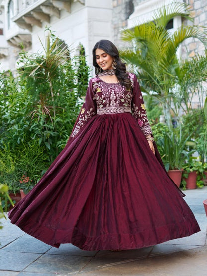 Wedding Special Fendy Silk Embroidered Long Gown Dupatta Set