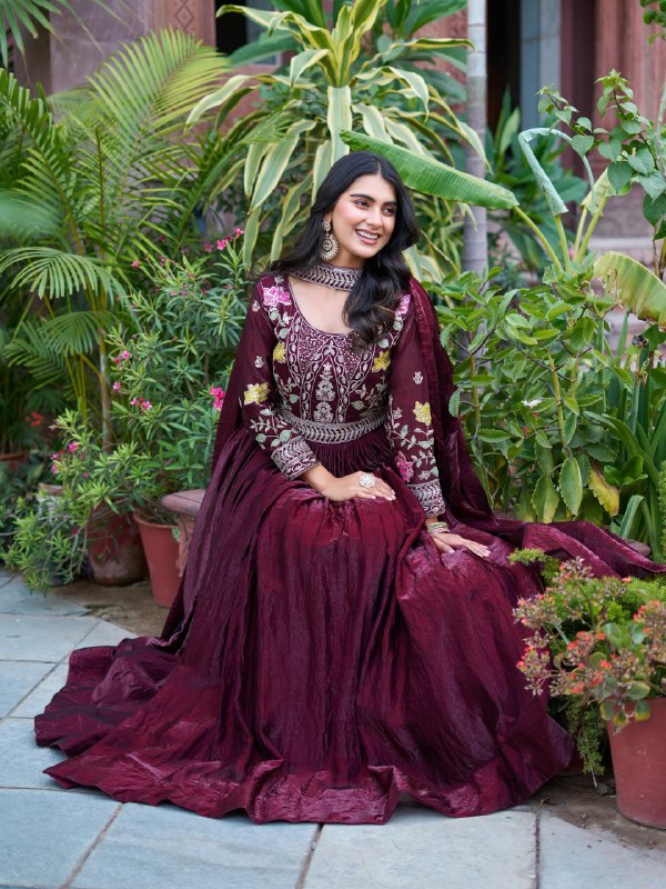 Wedding Special Fendy Silk Embroidered Long Gown Dupatta Set