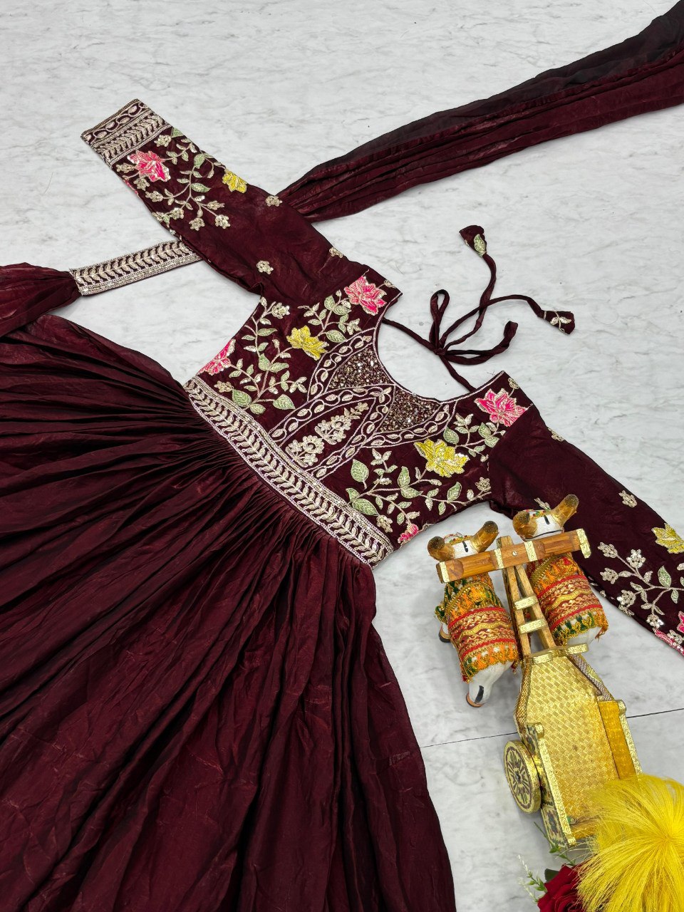 Wedding Special Fendy Silk Embroidered Long Gown Dupatta Set