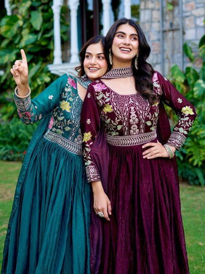 Wedding Special Fendy Silk Embroidered Long Gown Dupatta Set