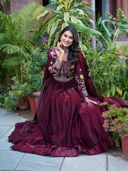 Wedding Special Fendy Silk Embroidered Long Gown Dupatta Set