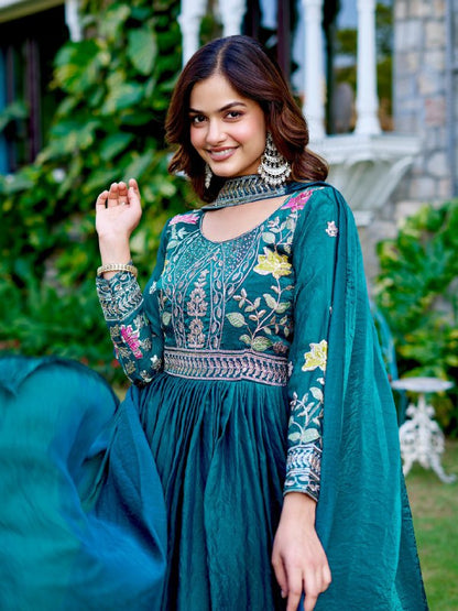 Wedding Special Fendy Silk Embroidered Long Gown Dupatta Set