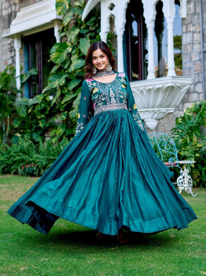 Wedding Special Fendy Silk Embroidered Long Gown Dupatta Set