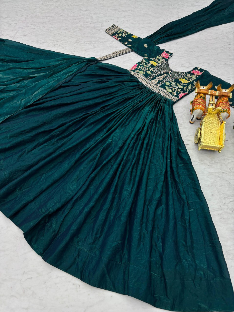 Wedding Special Fendy Silk Embroidered Long Gown Dupatta Set