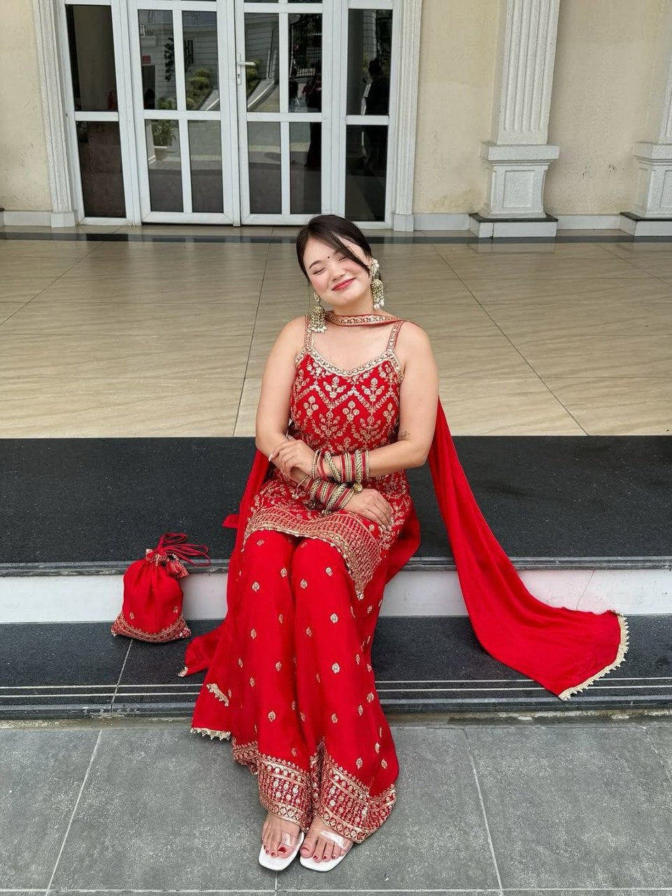 Women’s Embroidered Top with Palazzo, Dupatta & Potli Bag – Red, Pink, Black, Sky Blue, Off White