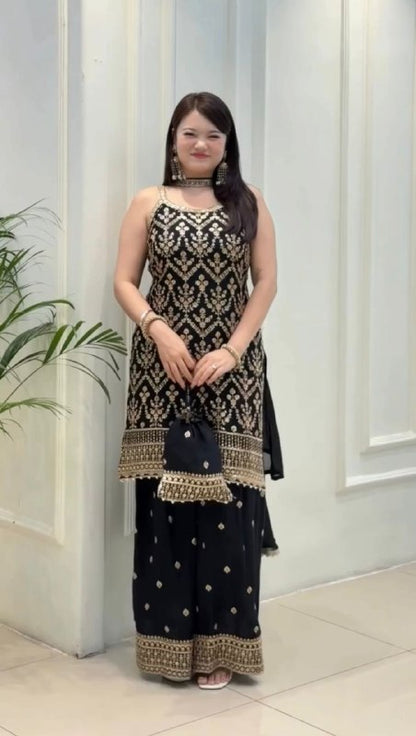 Women’s Embroidered Top with Palazzo, Dupatta & Potli Bag – Red, Pink, Black, Sky Blue, Off White