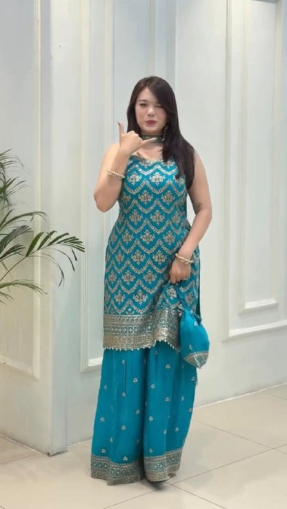 Women’s Embroidered Top with Palazzo, Dupatta & Potli Bag – Red, Pink, Black, Sky Blue, Off White