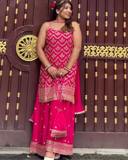 Women’s Embroidered Top with Palazzo, Dupatta & Potli Bag – Red, Pink, Black, Sky Blue, Off White