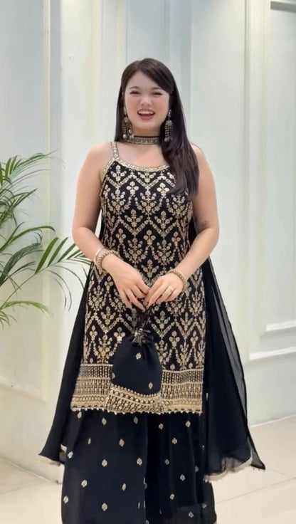 Women’s Embroidered Top with Palazzo, Dupatta & Potli Bag – Red, Pink, Black, Sky Blue, Off White