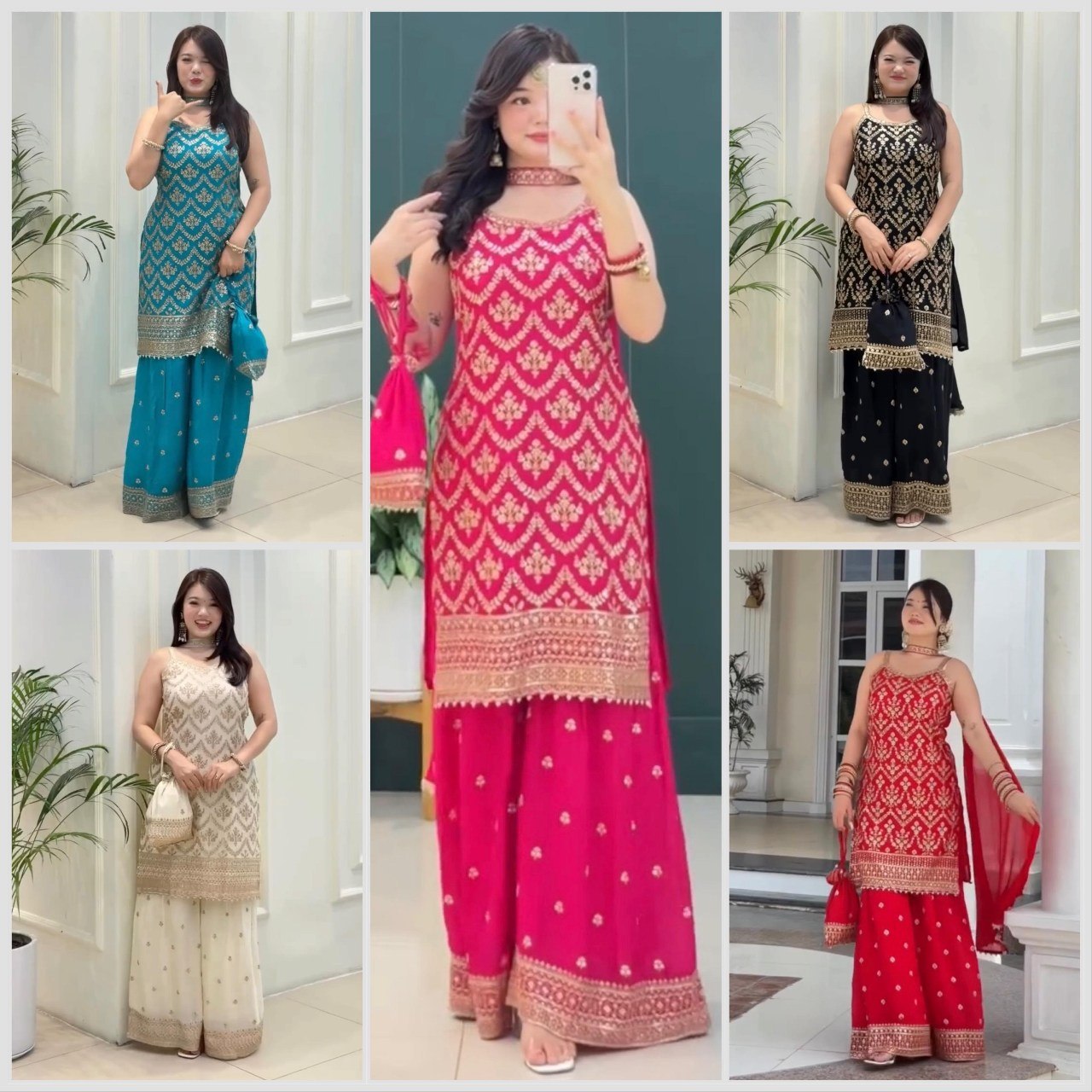 Women’s Embroidered Top with Palazzo, Dupatta & Potli Bag – Red, Pink, Black, Sky Blue, Off White