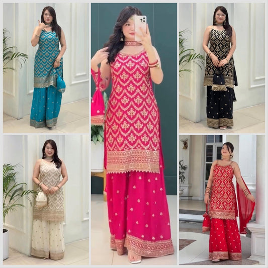 Women’s Embroidered Top with Palazzo, Dupatta & Potli Bag – Red, Pink, Black, Sky Blue, Off White