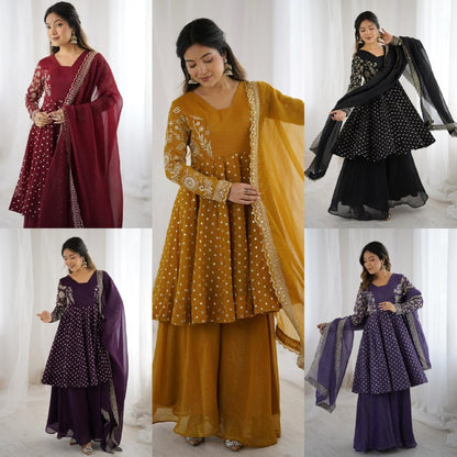 Luxurious Crunchy Silk Women’s Ethnic Wear Top-Sharara & Dupatta Set