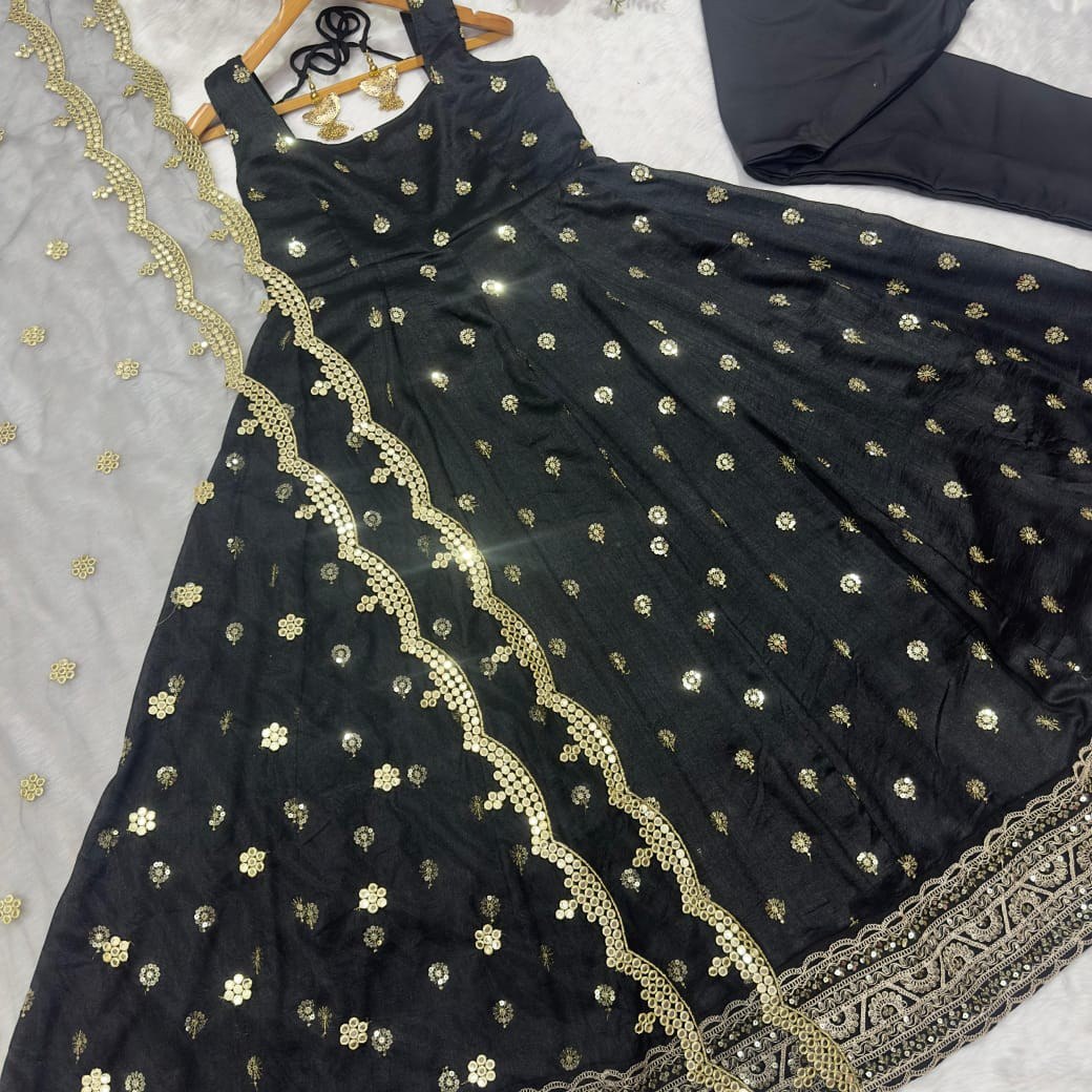 Black Luxurious Silk And Premium Embroidery 3-Piece Anarkali Suit Set