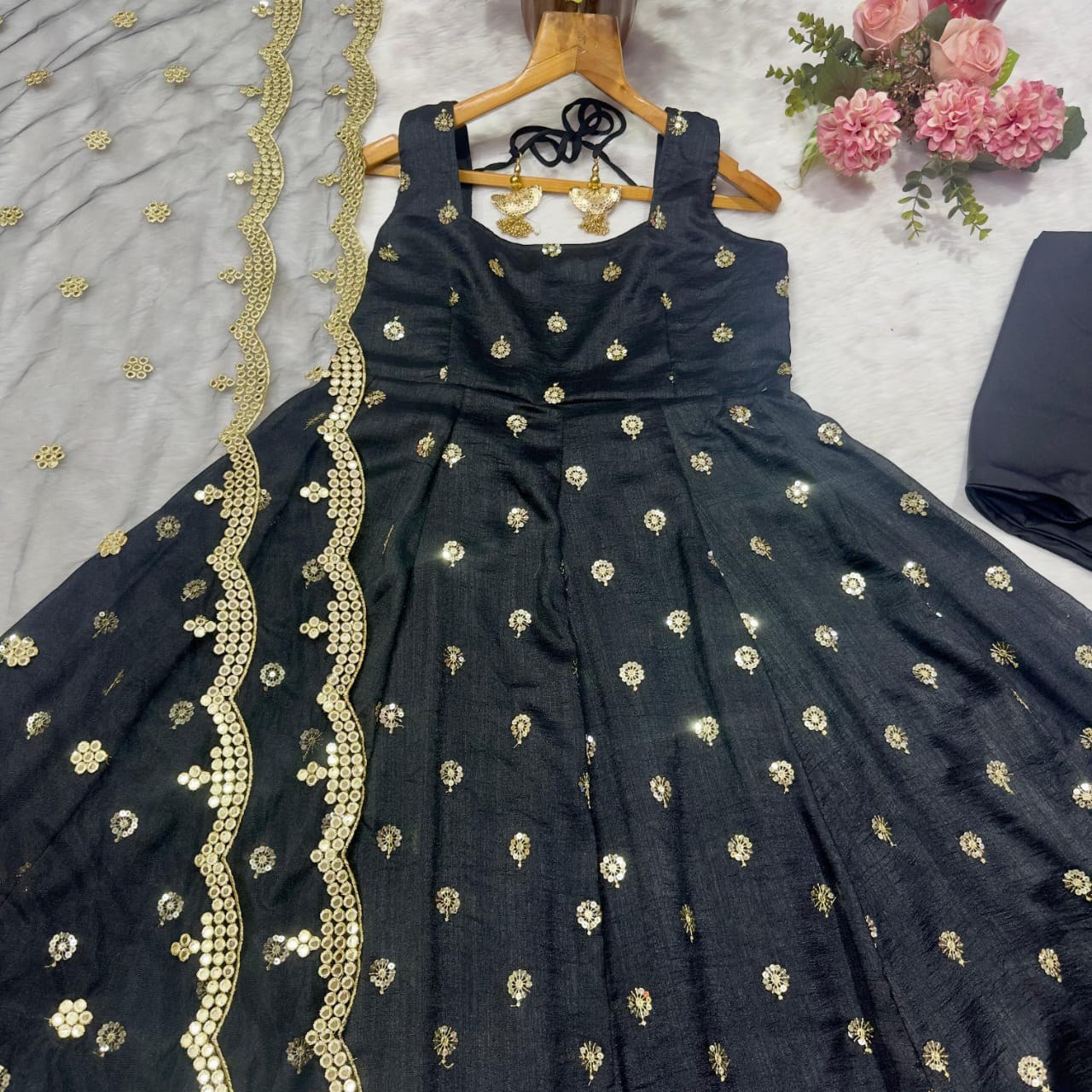 Black Luxurious Silk And Premium Embroidery 3-Piece Anarkali Suit Set