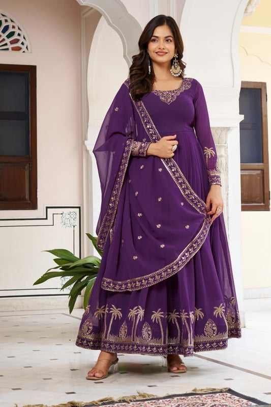 Premium 3-Piece Faux Georgette Gown Set – Sequins & Thread Work