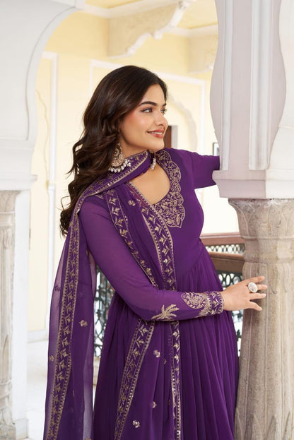 Premium 3-Piece Faux Georgette Gown Set – Sequins & Thread Work
