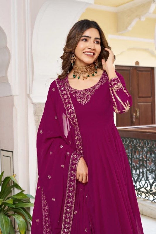 Premium 3-Piece Faux Georgette Gown Set – Sequins & Thread Work