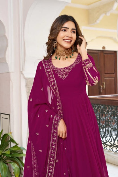 Premium 3-Piece Faux Georgette Gown Set – Sequins & Thread Work