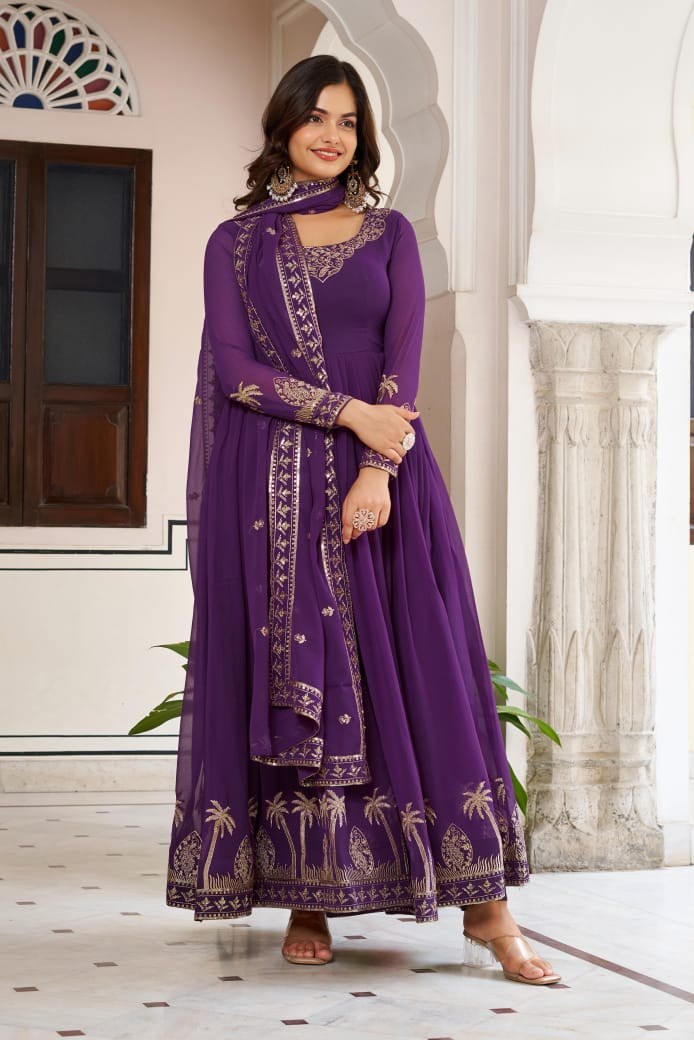 Premium 3-Piece Faux Georgette Gown Set – Sequins & Thread Work