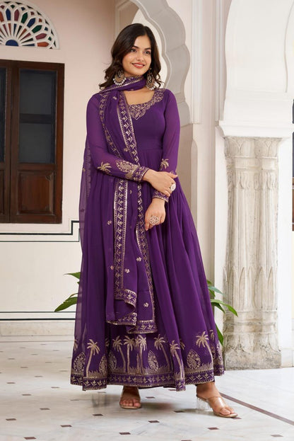 Premium 3-Piece Faux Georgette Gown Set – Sequins & Thread Work