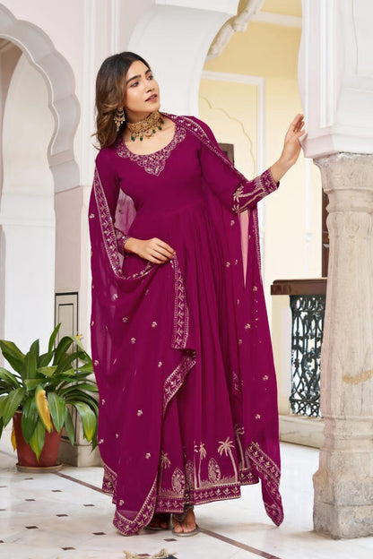 Premium 3-Piece Faux Georgette Gown Set – Sequins & Thread Work