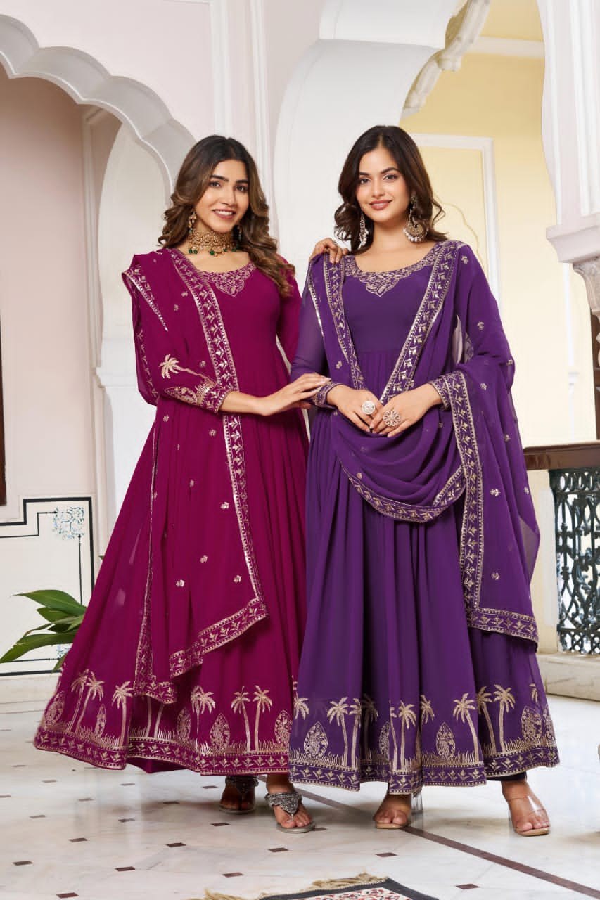 Premium 3-Piece Faux Georgette Gown Set – Sequins & Thread Work