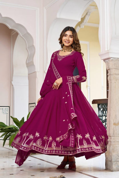 Premium 3-Piece Faux Georgette Gown Set – Sequins & Thread Work