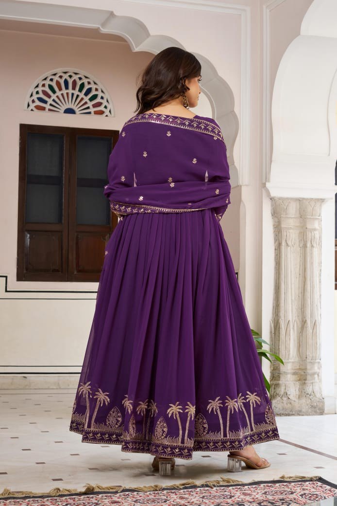 Premium 3-Piece Faux Georgette Gown Set – Sequins & Thread Work