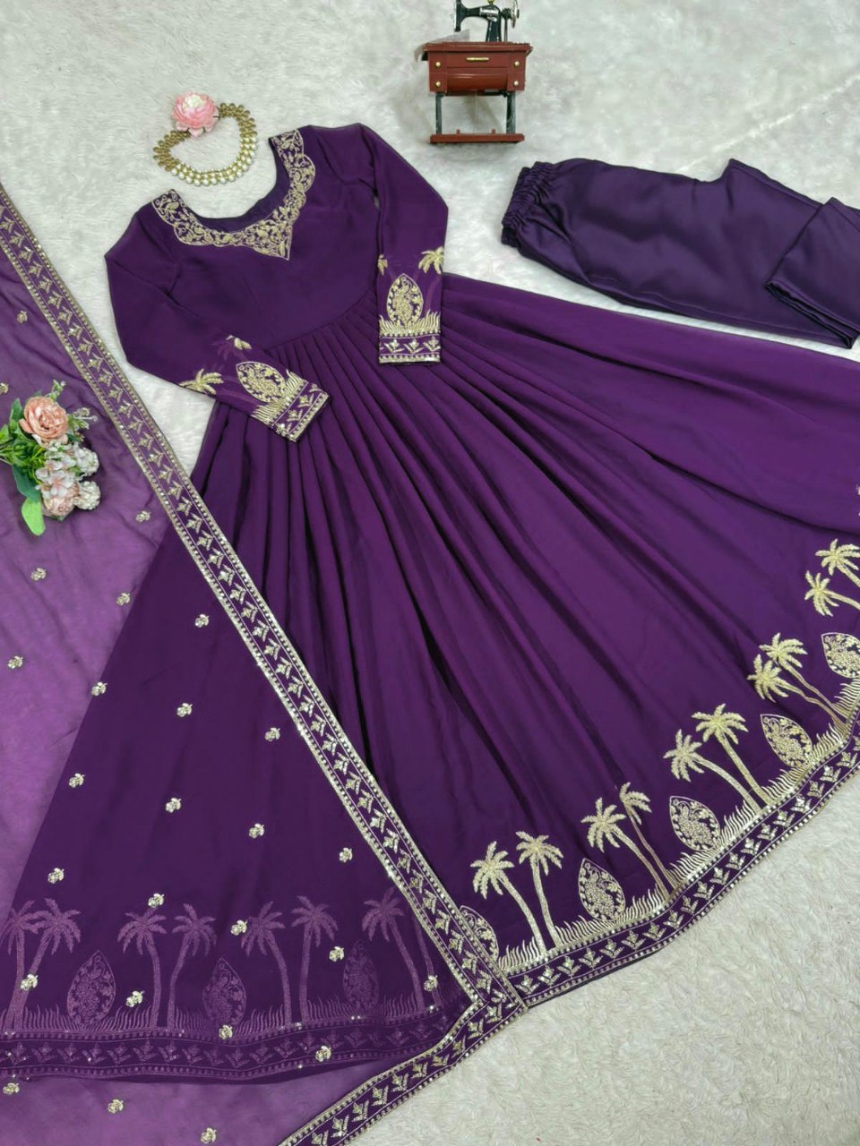 Premium 3-Piece Faux Georgette Gown Set – Sequins & Thread Work