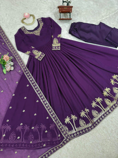 Premium 3-Piece Faux Georgette Gown Set – Sequins & Thread Work