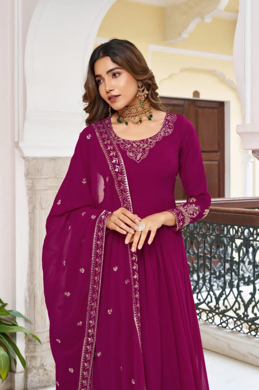 Premium 3-Piece Faux Georgette Gown Set – Sequins & Thread Work
