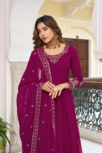 Premium 3-Piece Faux Georgette Gown Set – Sequins & Thread Work