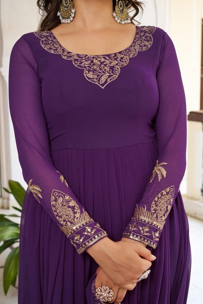 Premium 3-Piece Faux Georgette Gown Set – Sequins & Thread Work