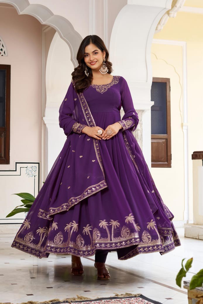 Premium 3-Piece Faux Georgette Gown Set – Sequins & Thread Work
