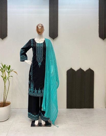 Luxurious Roman Silk 3-Piece Embroidered Party Wear Palazzo Set with Dupatta