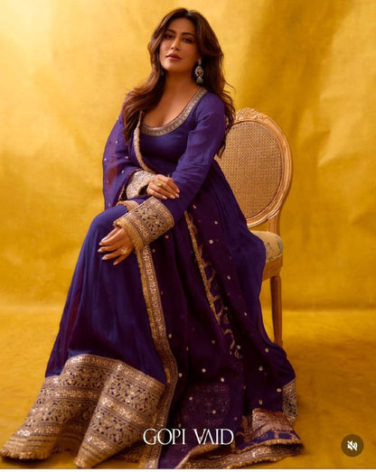 Wedding Special Premium Chinon Silk 3-Piece Purple Gown, Pant & Dupatta Set