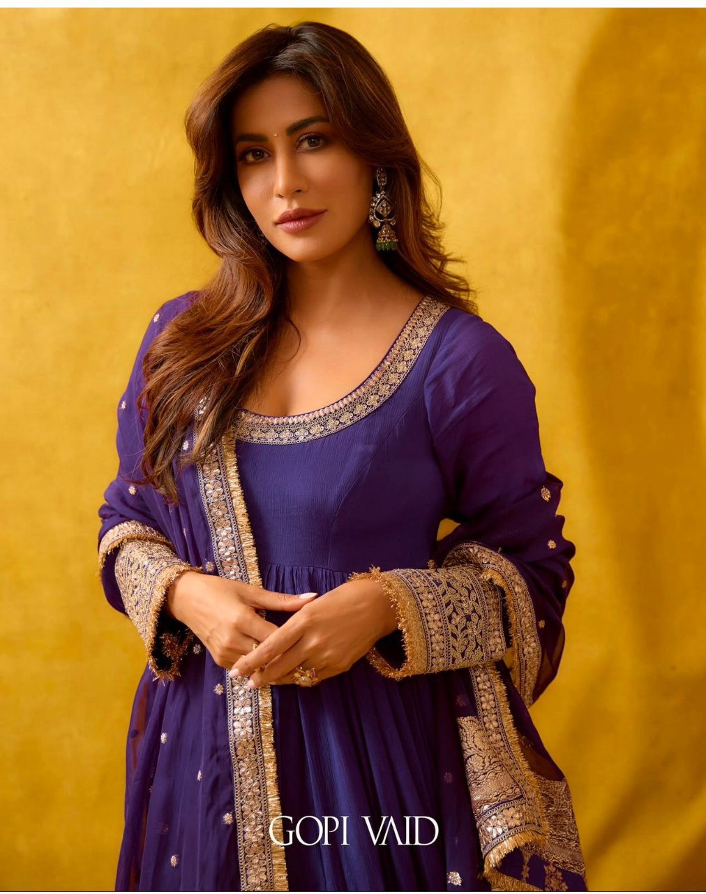 Wedding Special Premium Chinon Silk 3-Piece Purple Gown, Pant & Dupatta Set