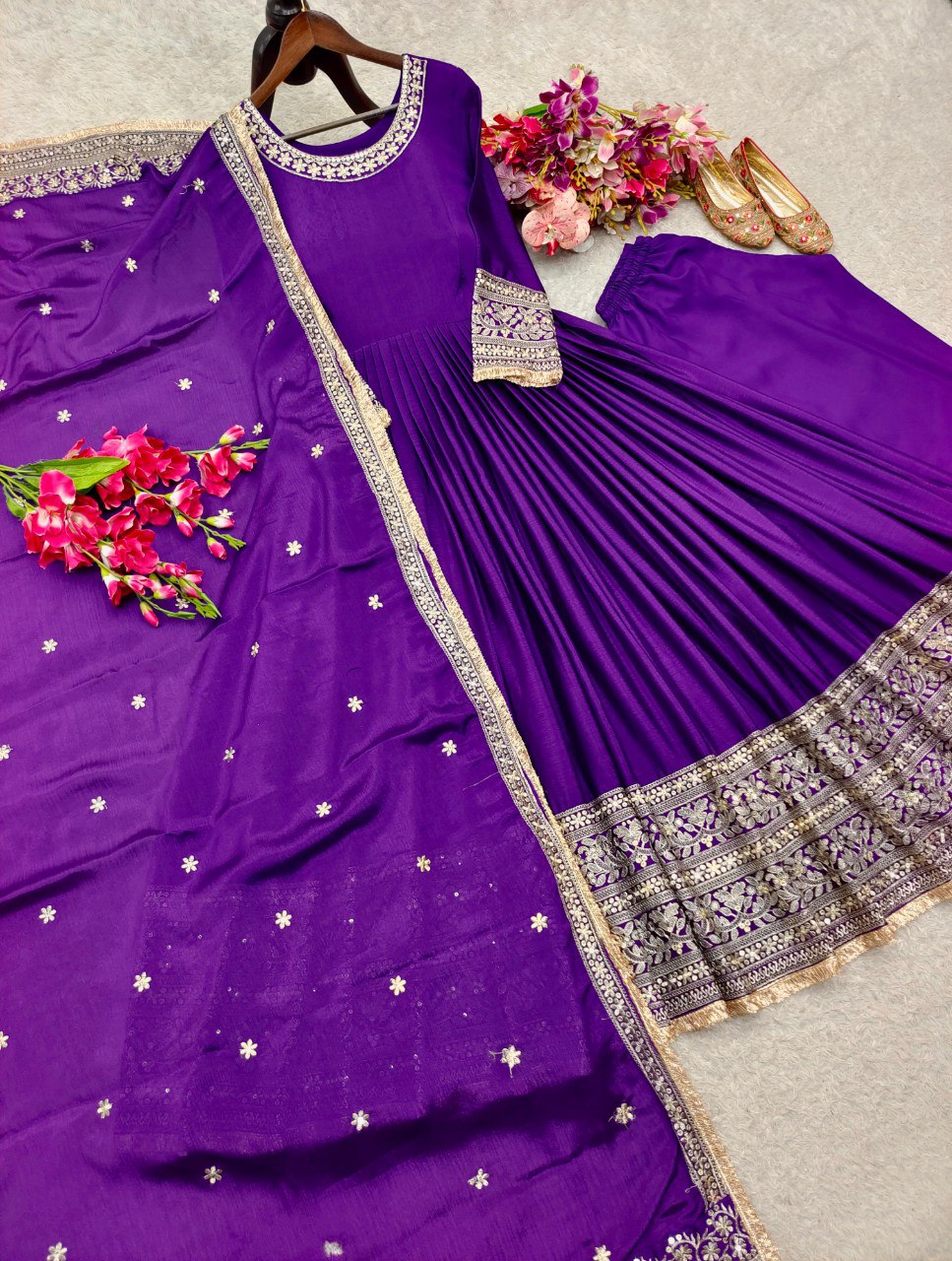 Wedding Special Premium Chinon Silk 3-Piece Purple Gown, Pant & Dupatta Set
